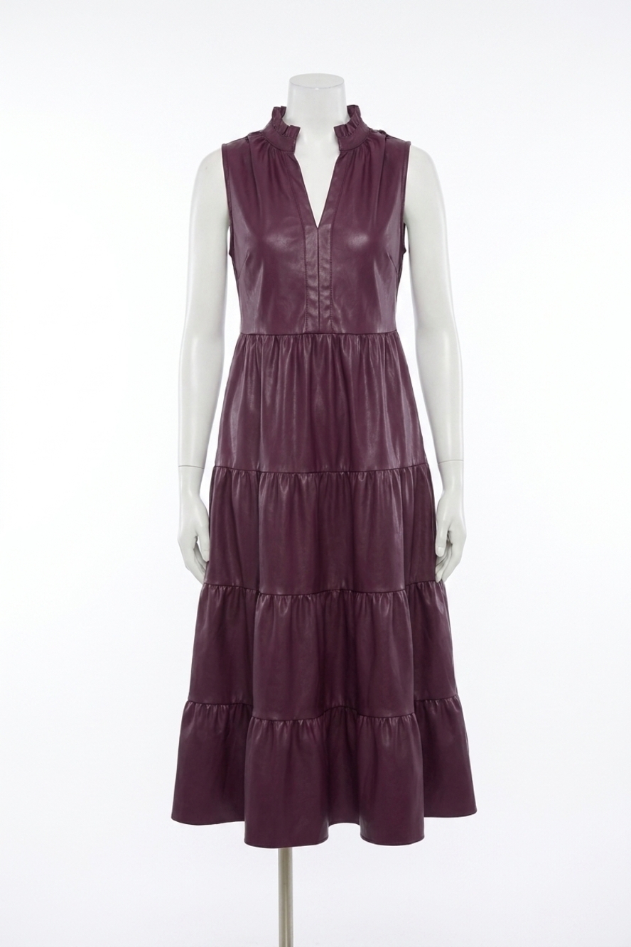 NEW FATE faux leather sleeveless tiered midi dress in wine
